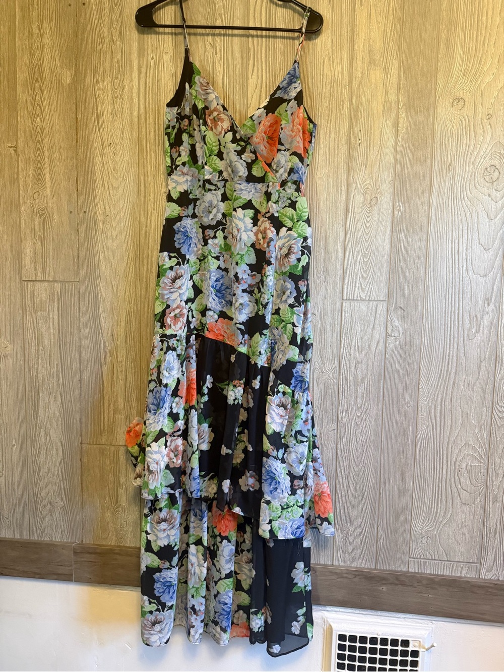 Lulus Effortless Energy Black Floral Asymmetrical Maxi Dress